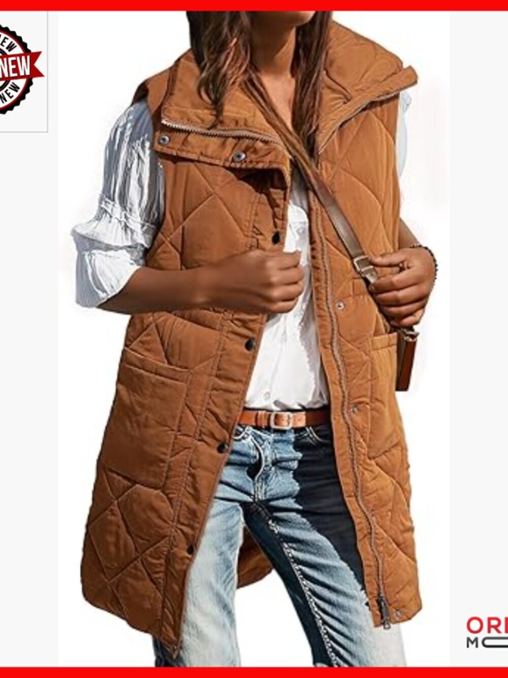 Long Puffer Vest Sleeveless Stand Collar Quilted Winter Coat with Pockets